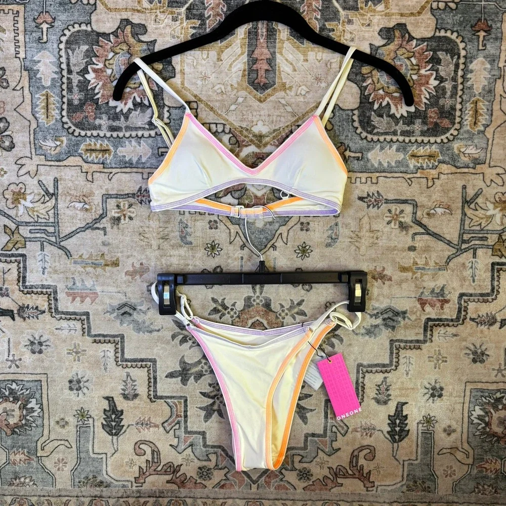 ONEONE Bikini Set Cream Neon Rainbow Stitch Cutout Triangle Top High Cut Bottoms